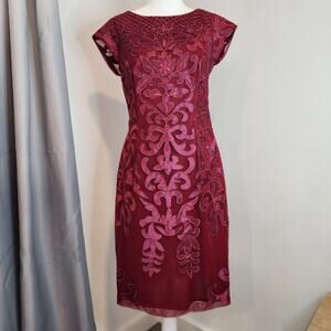 Sue Wong Nocturne Red CapSleeve Applique over lace lined Cocktail Dress Womens 8